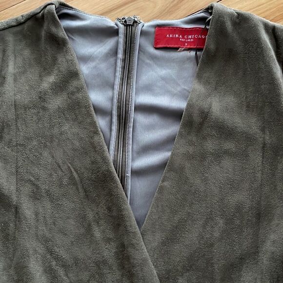 Akira Chicago Red Label olive faux suede short sleeve wrap bodice romper. Small - Picture 2 of 5